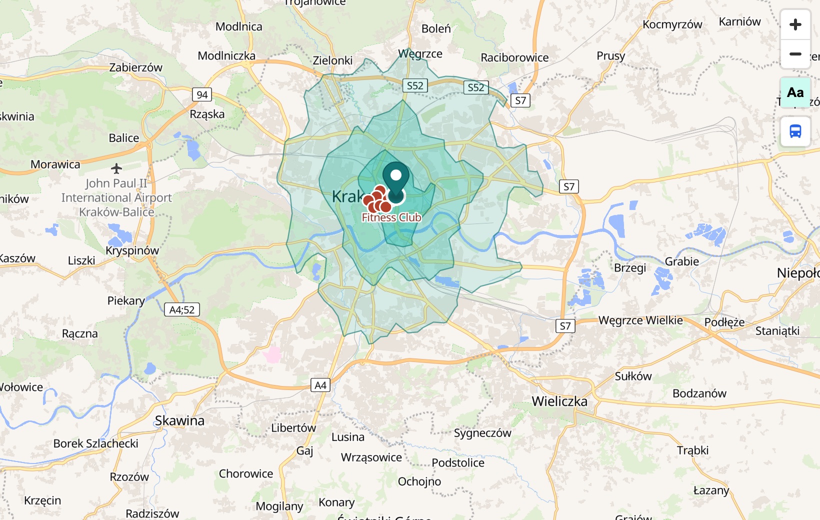 Strefy dojazdu samochodem i konkurencyjne kluby w zasięgu — realny zrzut z localscope.pl.