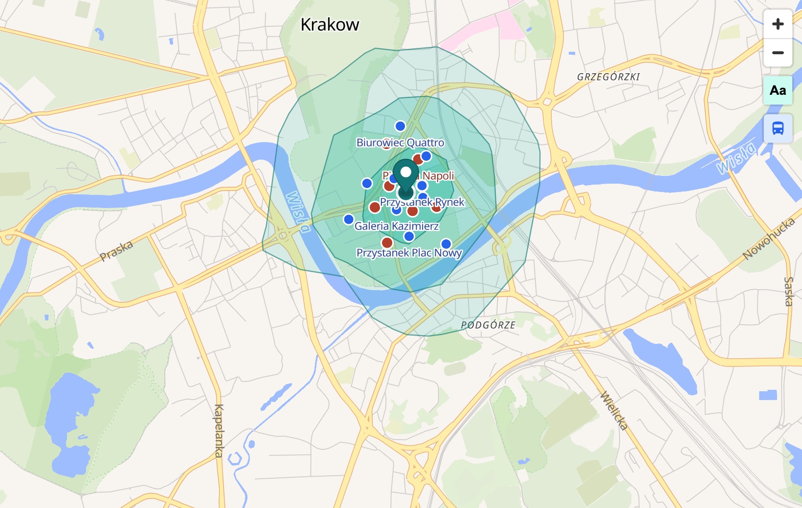 Miejsca przyciągające ruch — przystanki, szkoły, biura — na mapie stref dojścia. Zrzut z localscope.pl.