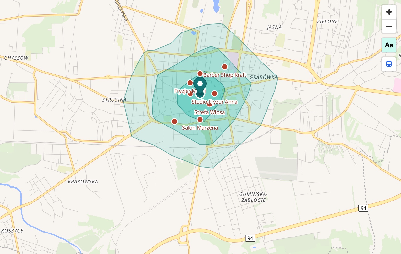 Zasięg dojścia pieszo i konkurencyjne salony w okolicy — tak wygląda analiza lokalizacji w localscope.pl.