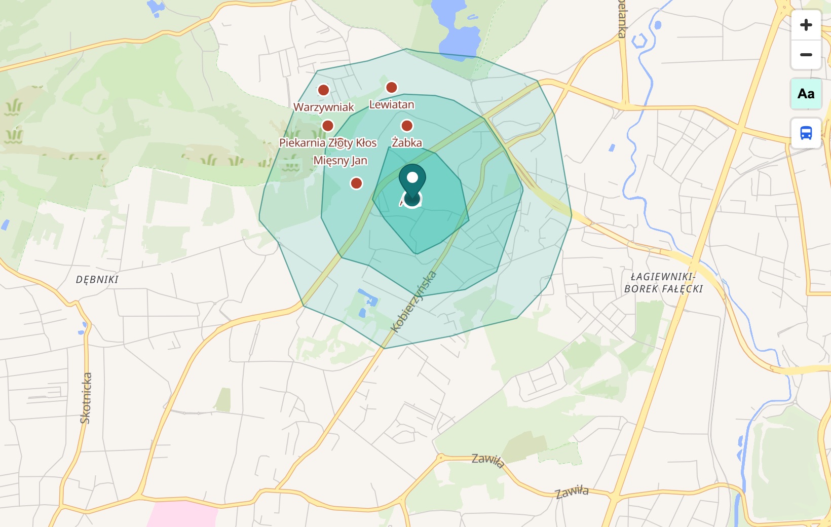 Strefy dojścia pieszo i sklepy w okolicy — analiza potencjału lokalizacji w localscope.pl.