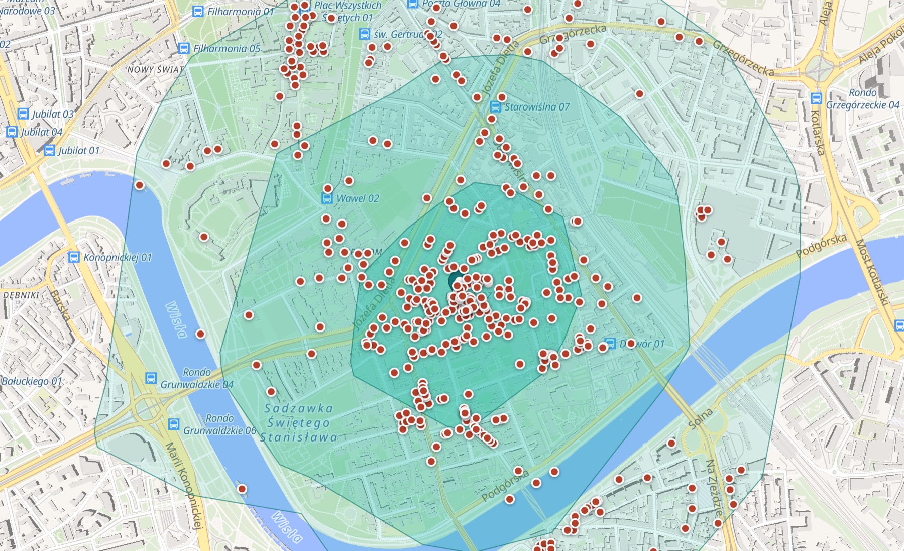Analiza lokalizacji w localscope.pl: mapa ze strefami dojścia 5/10/15 min, konkurencją i oceną potencjału.